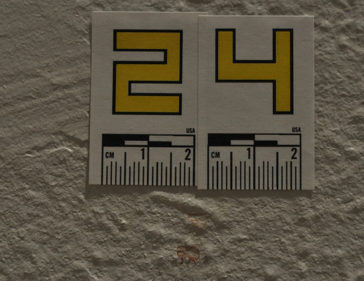 Close view of label 24 above small reddish marks on textured paint.