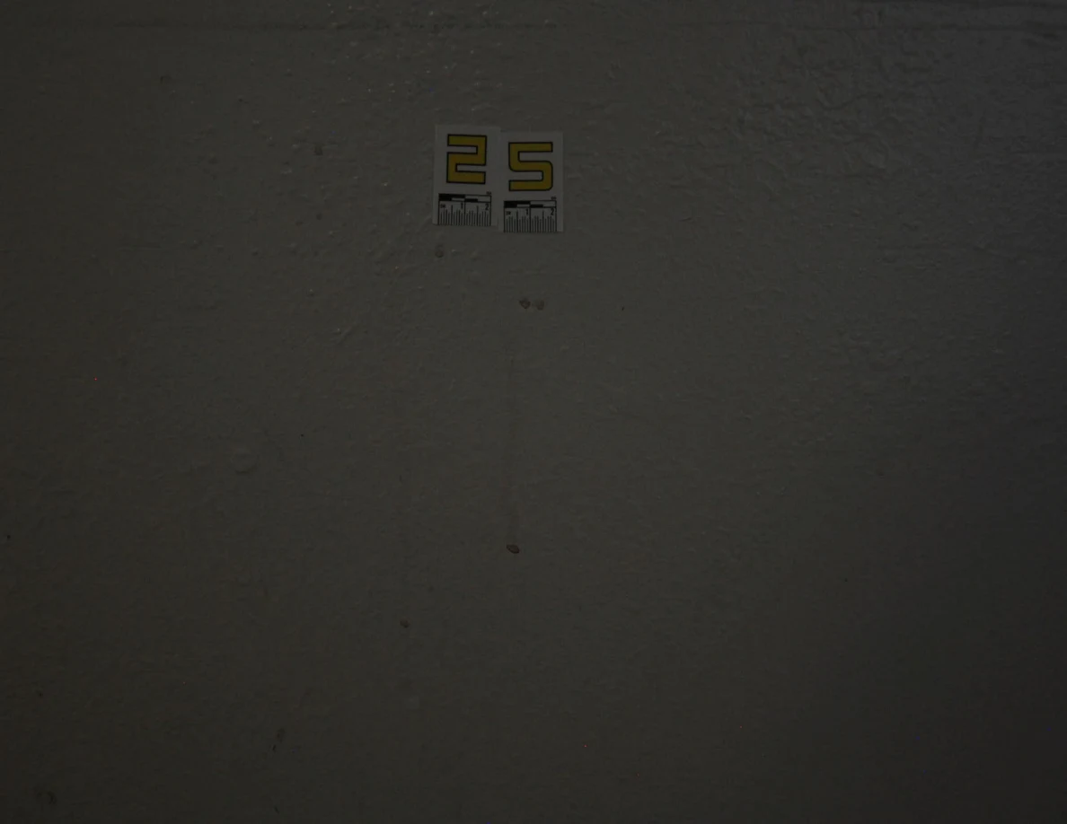 Dim close view of label 25 and reddish spots on textured paint.