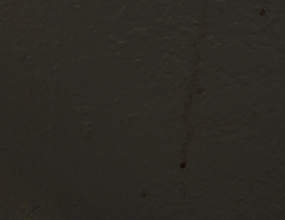 Dim close view of a narrow vertical reddish streak ending in a darker spot.