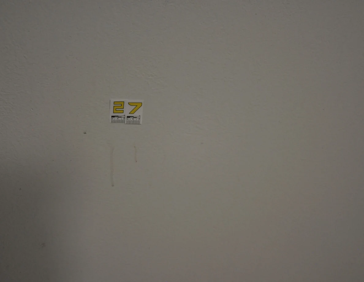 Label 27 and pale vertical streaks on a textured wall.