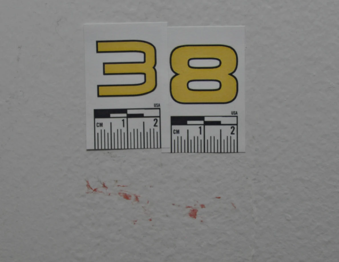 Close view of label 38 above several reddish smears and spots.