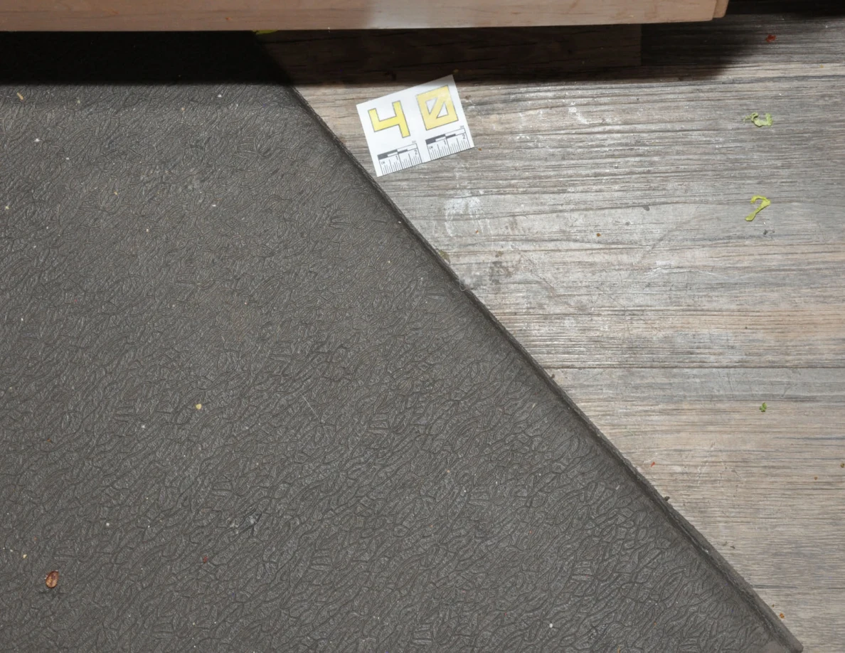 Bright view of label 40 beside a dark mat and small debris on kitchen flooring.