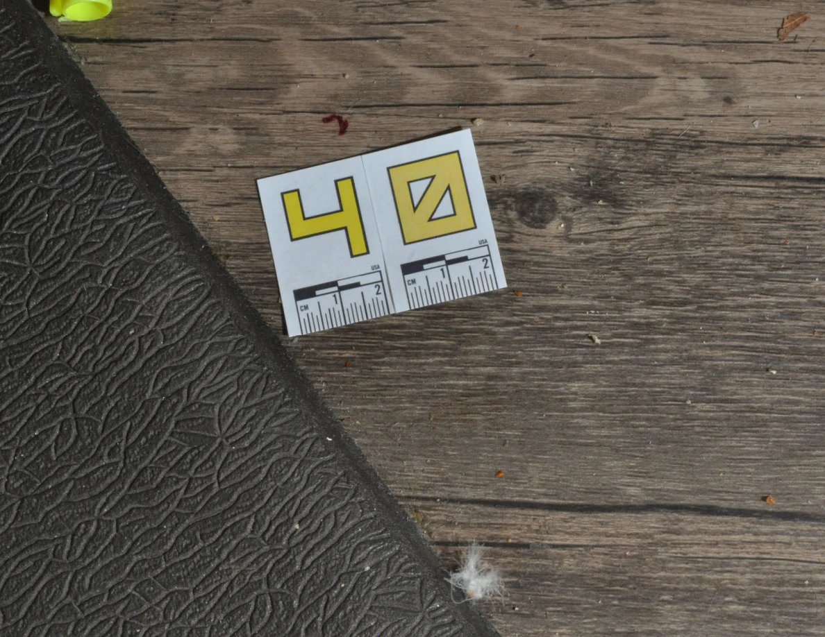 Closer view of label 40 and a small reddish spot beside a dark floor mat.