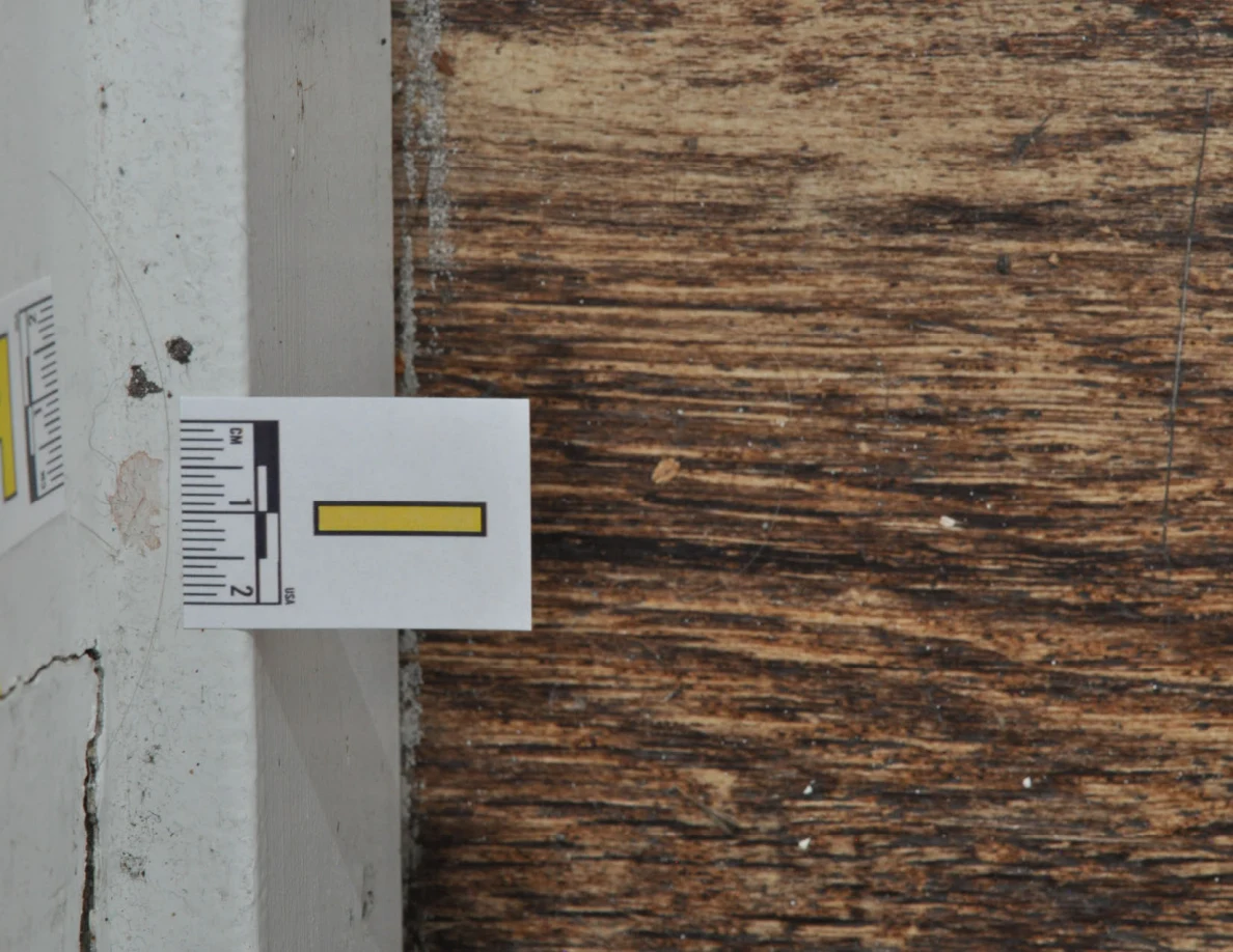 Close view of a baseboard letter label beside dark spots and a wall crack.