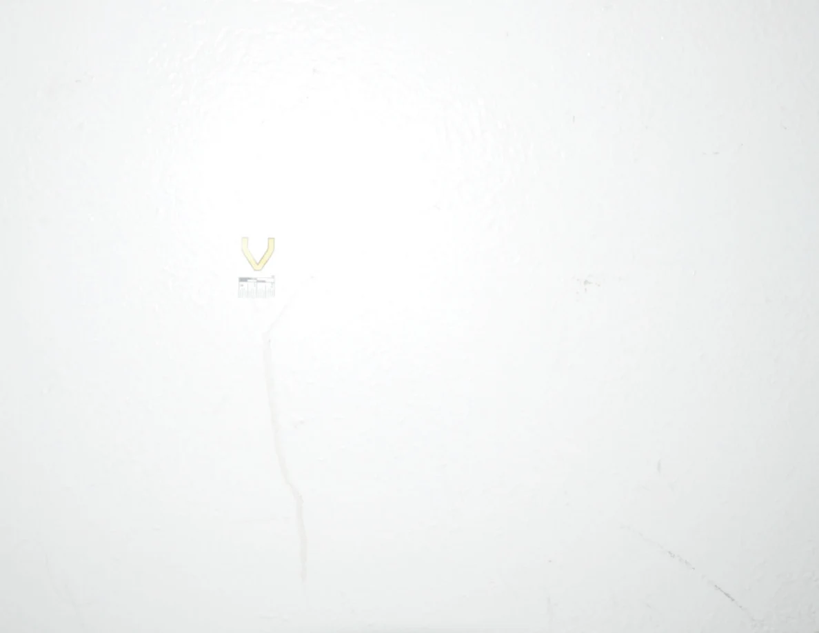 Bright close view of label V above a faint tan vertical streak on a wall.