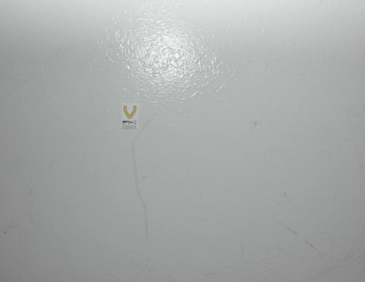 Close view of label V above a faint winding streak on pale paint.
