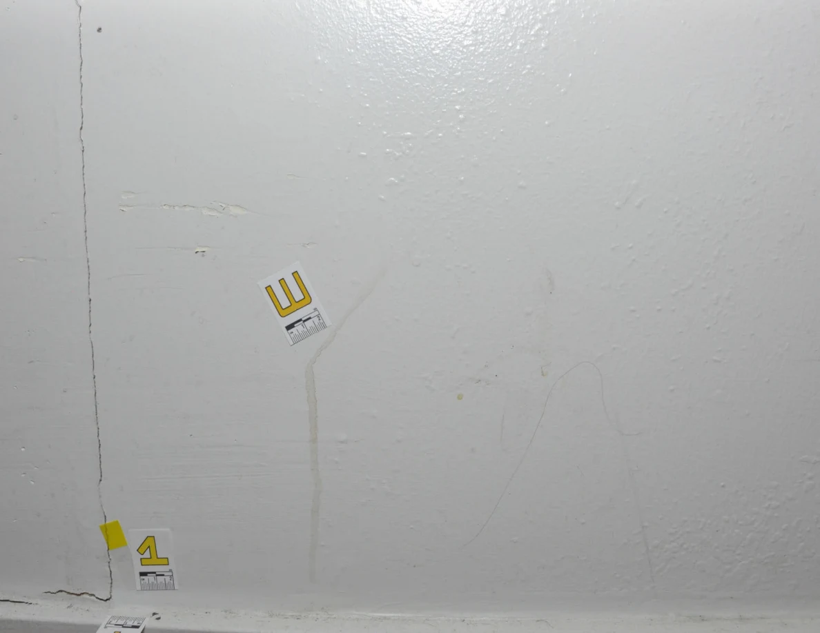 Label W beside a narrow tan streak, near a wall crack and lower label.