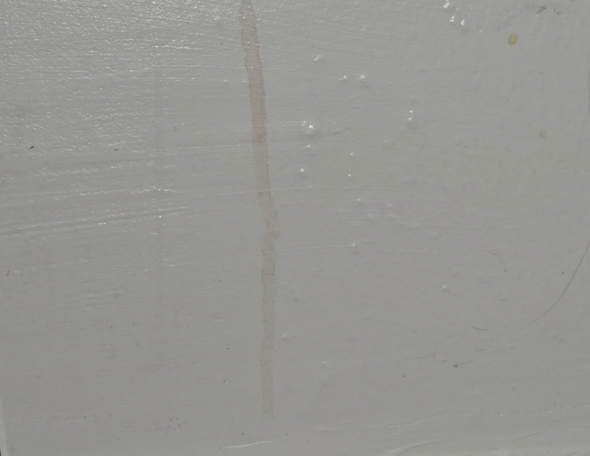 Very close view of a narrow tan streak on pale painted wall.