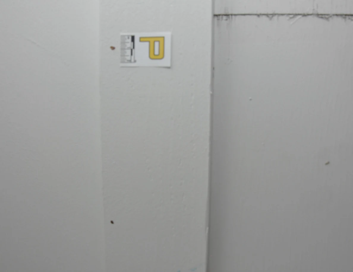 Pale wall beside doorway trim with a letter P scale near a small brown spot.