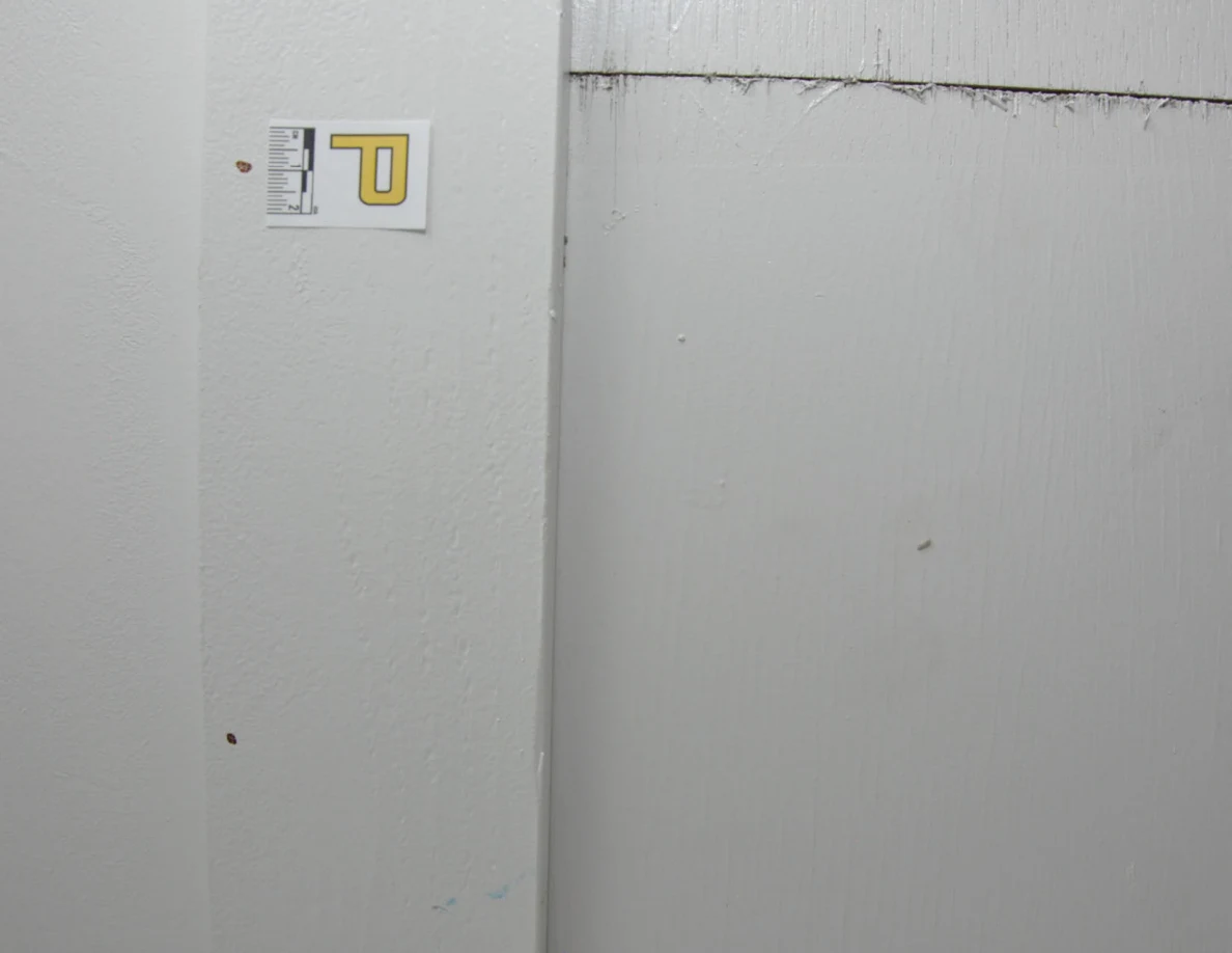 Letter P scale beside a brown wall spot and a dark seam across white doorway trim.