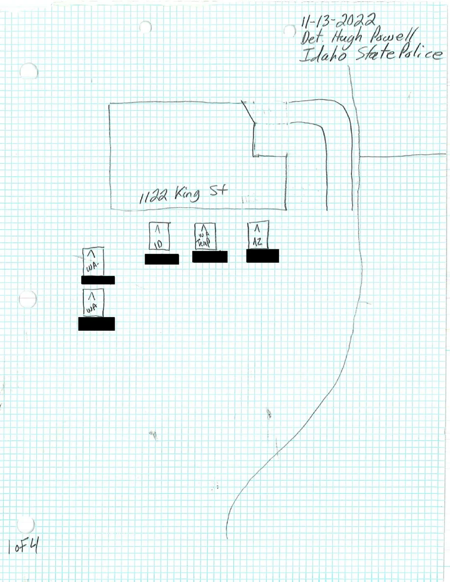 Hand-drawn site diagram on graph paper, labeled 1122 King St, with black redactions.
