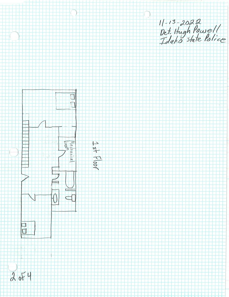 Hand-drawn first-floor plan on graph paper with rooms, doorways and stairs.