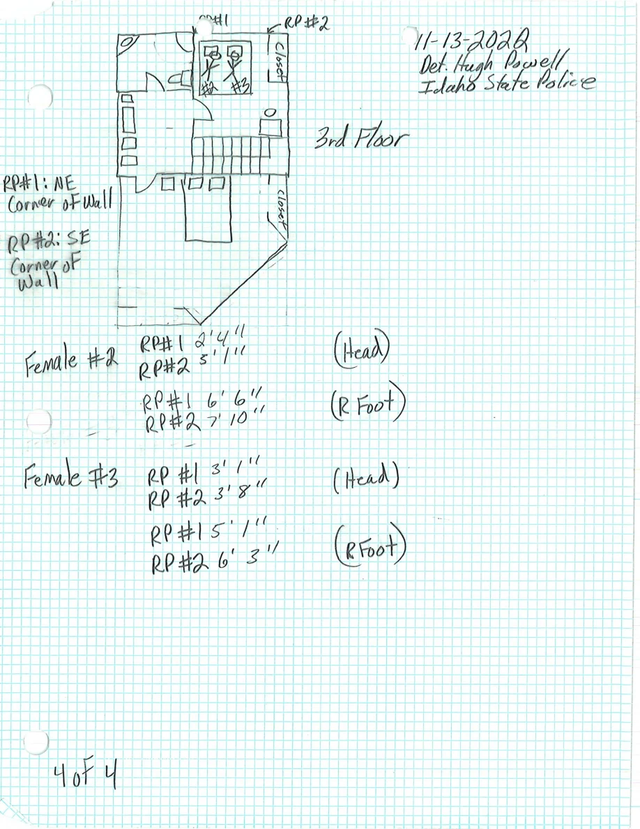 Handwritten measurement notes beside a third-floor plan on graph paper.