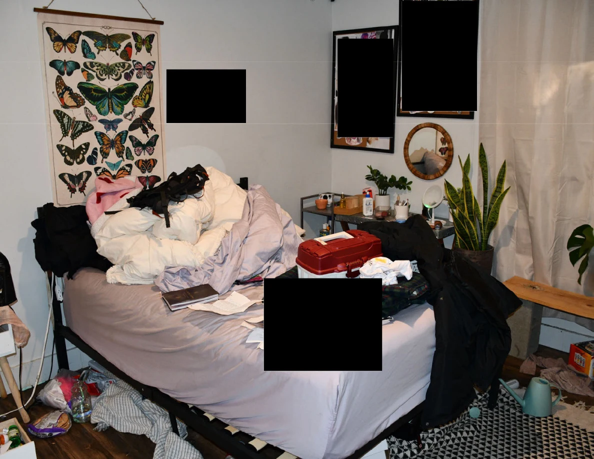 Bed covered with rumpled bedding and objects beside mirrors and potted plants, with a butterfly wall hanging and black redactions.
