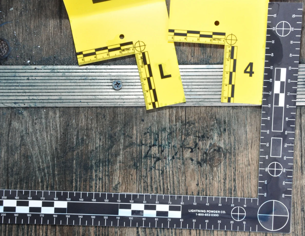 Dark floor pattern beneath a metal threshold, bordered by black and yellow measuring scales.