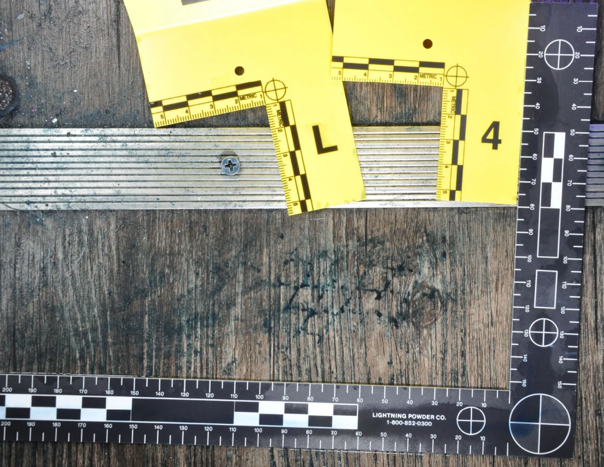 Close view of the dark floor pattern framed by measuring scales below a threshold.