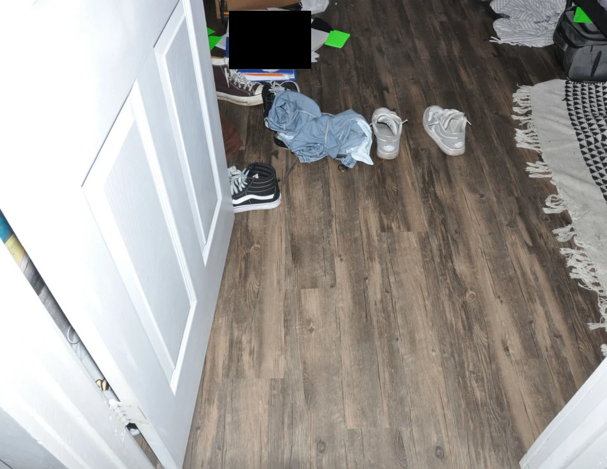 Shoes and loose clothing scattered on wood-pattern bedroom flooring beside an open door and rug.