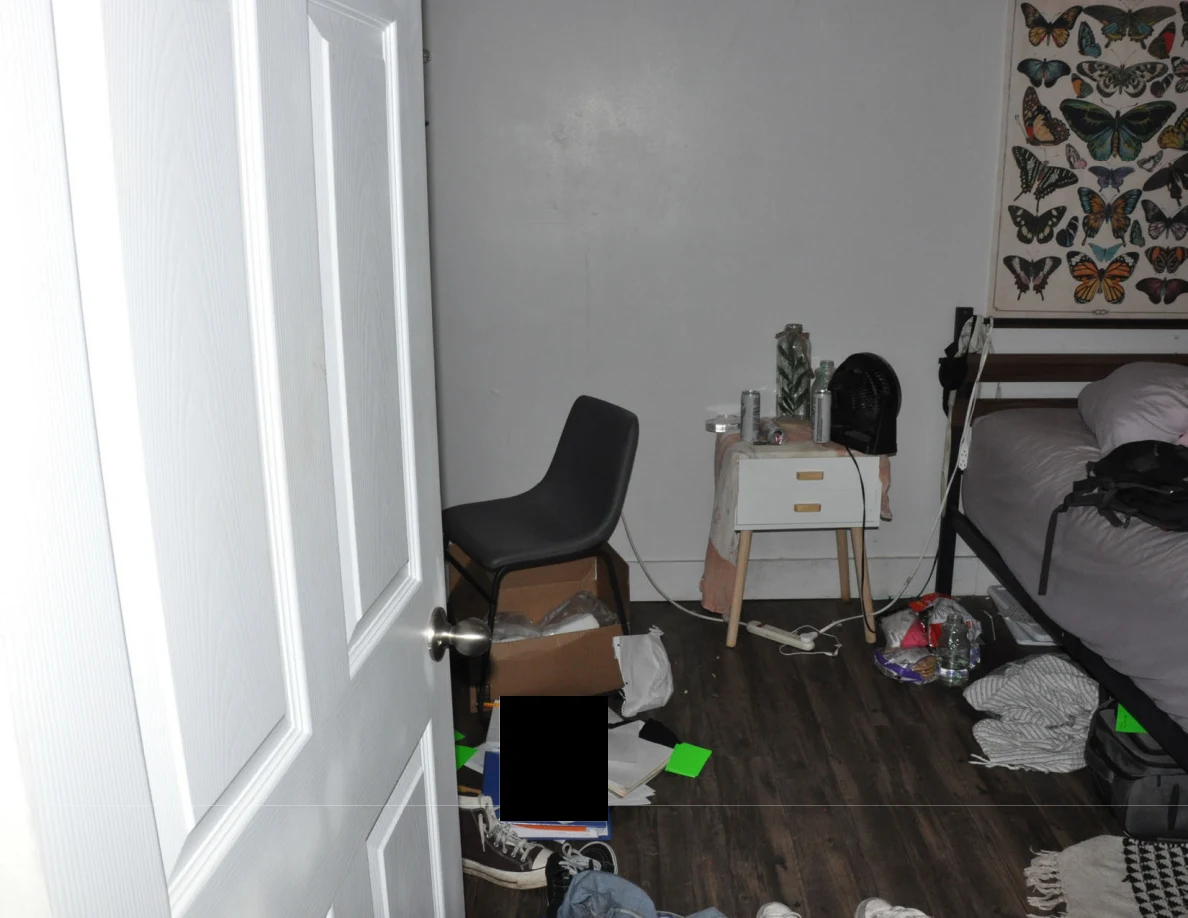 Bedroom with gray chair, bedside table, butterfly wall hanging and floor papers with redactions.