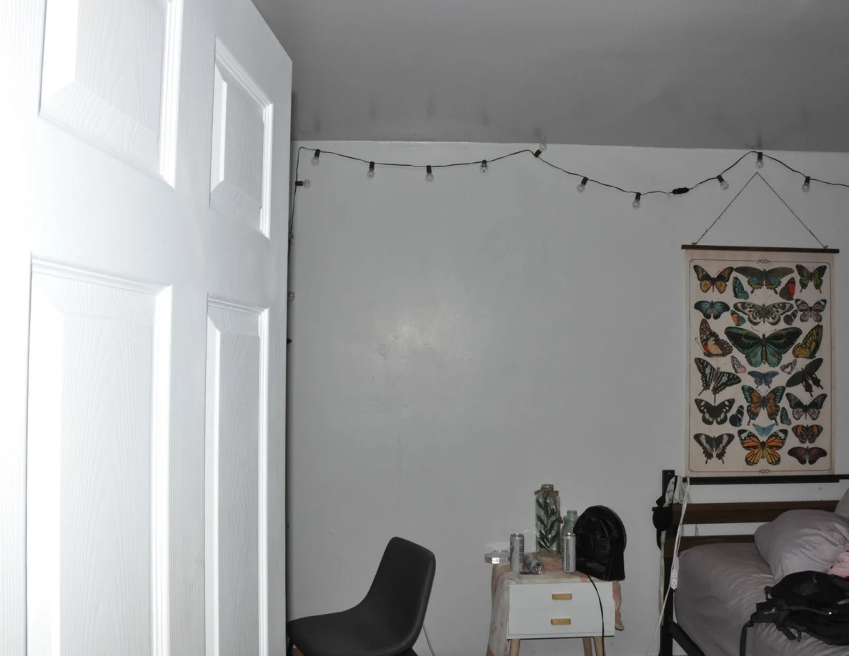 Upper bedroom wall with string lights and a butterfly hanging above the bedside table.