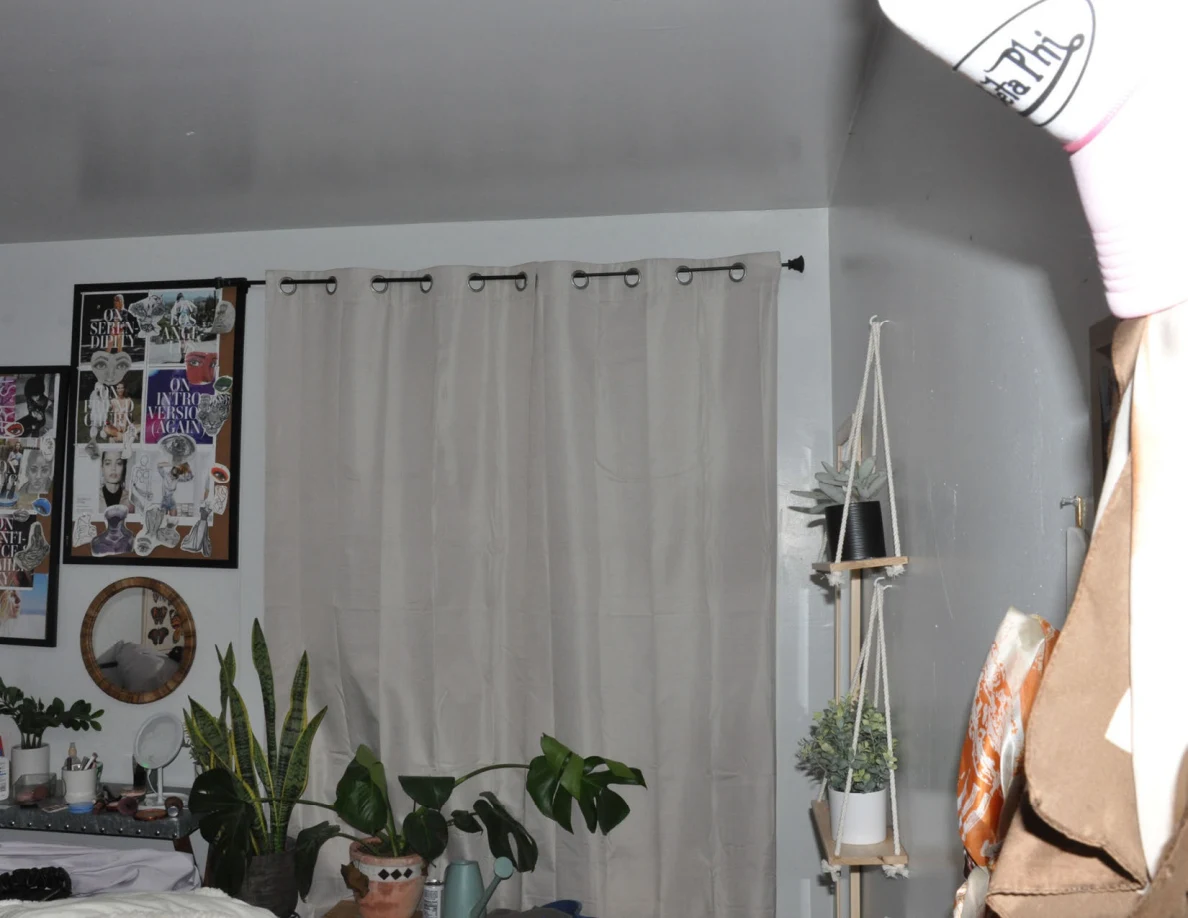 Curtained window above potted plants, wall collages and a hanging planter.