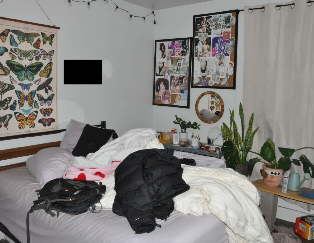 Rumpled bed with dark jacket and bag below butterfly wall art, collages and potted plants.