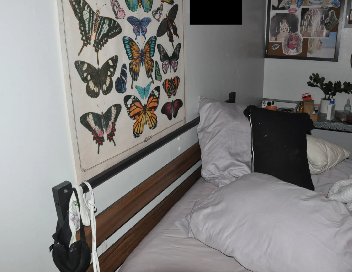 Butterfly wall hanging above a bed with gray pillows, dark cushion and items hanging on the bed frame.