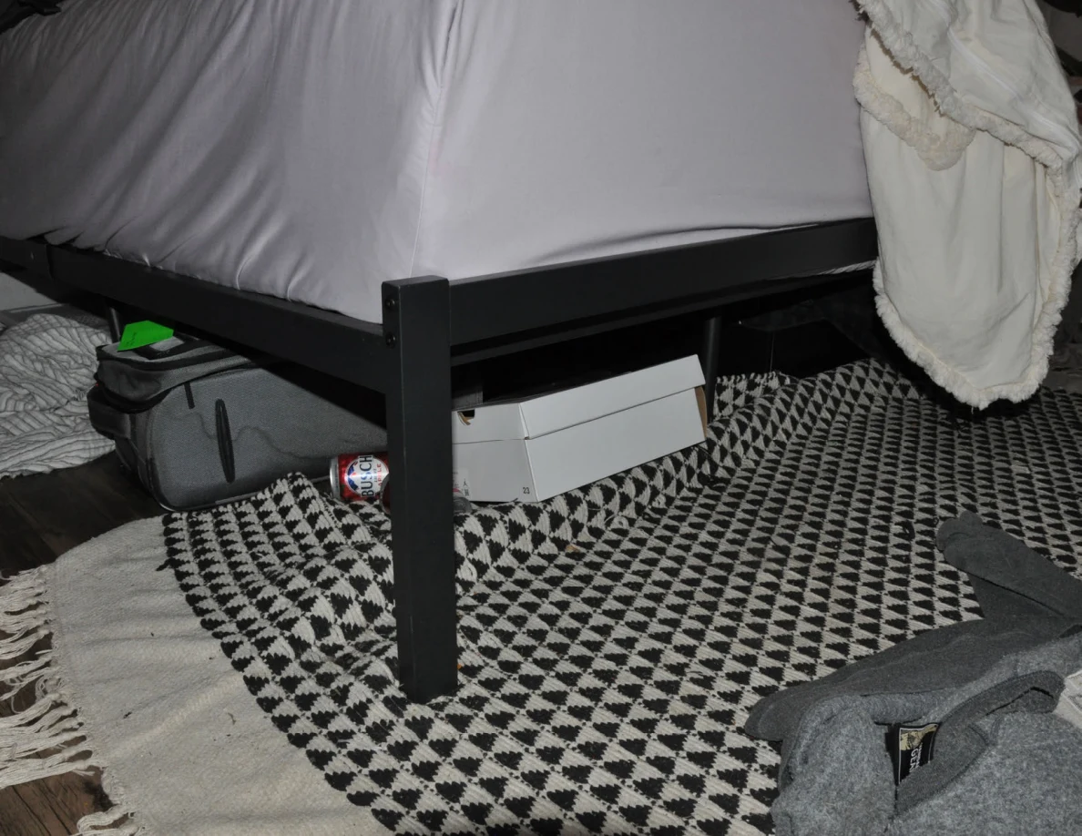 Lower bed frame above a patterned rug with storage bags, a box and a can underneath.