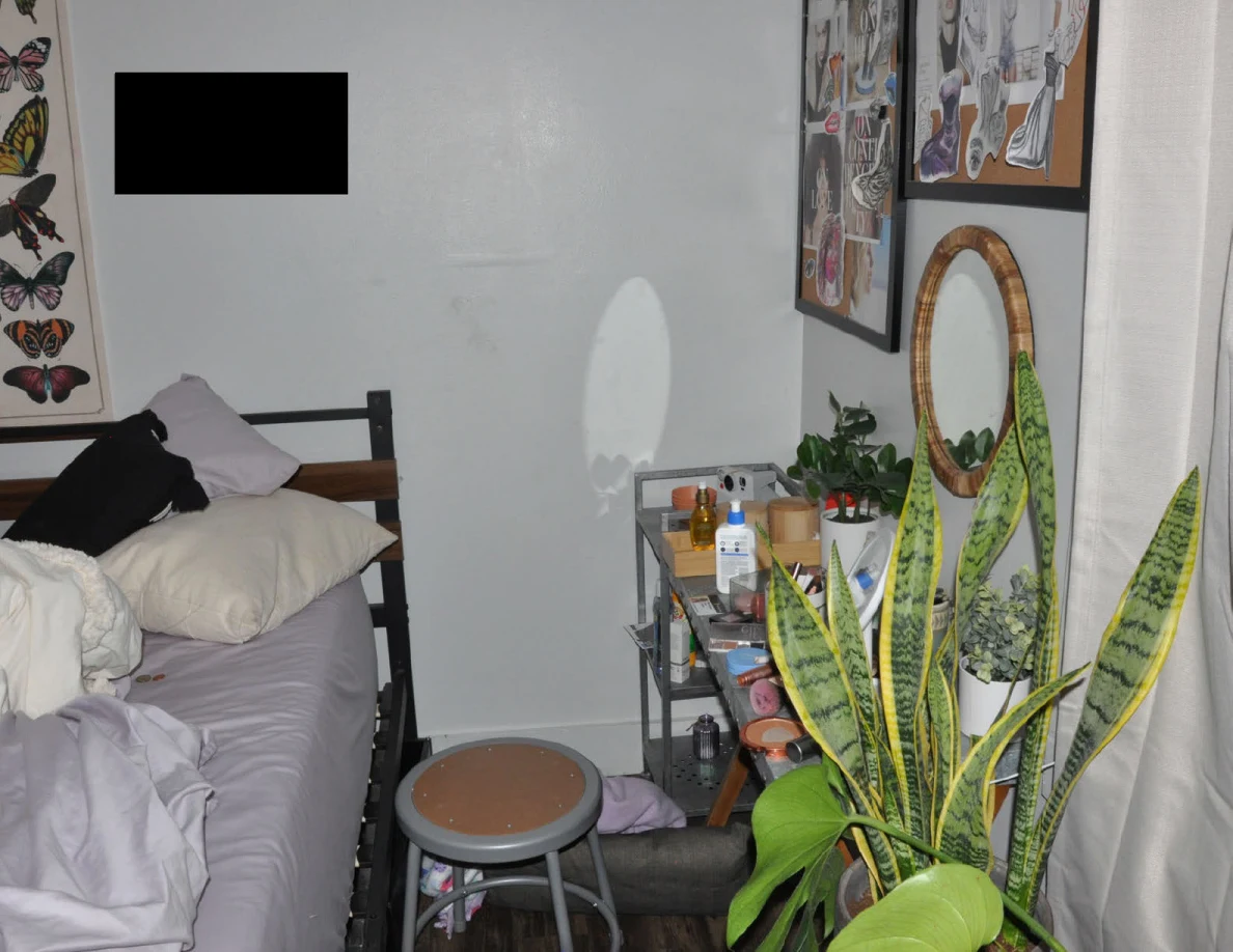 Bedside corner with a stool, cosmetics table and large potted plants under wall collages.