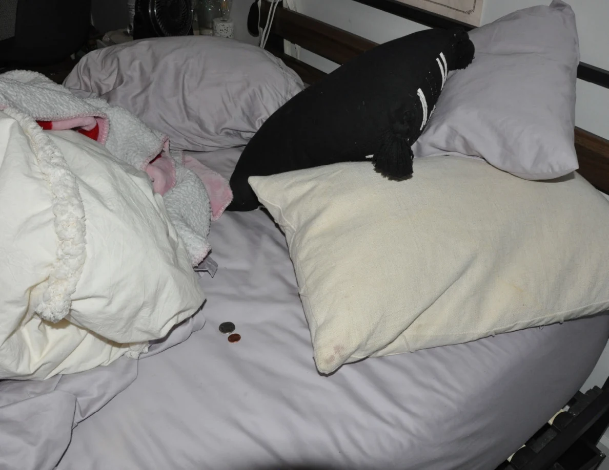 Bed pillows and rumpled pale blankets with two small round objects on the sheet.