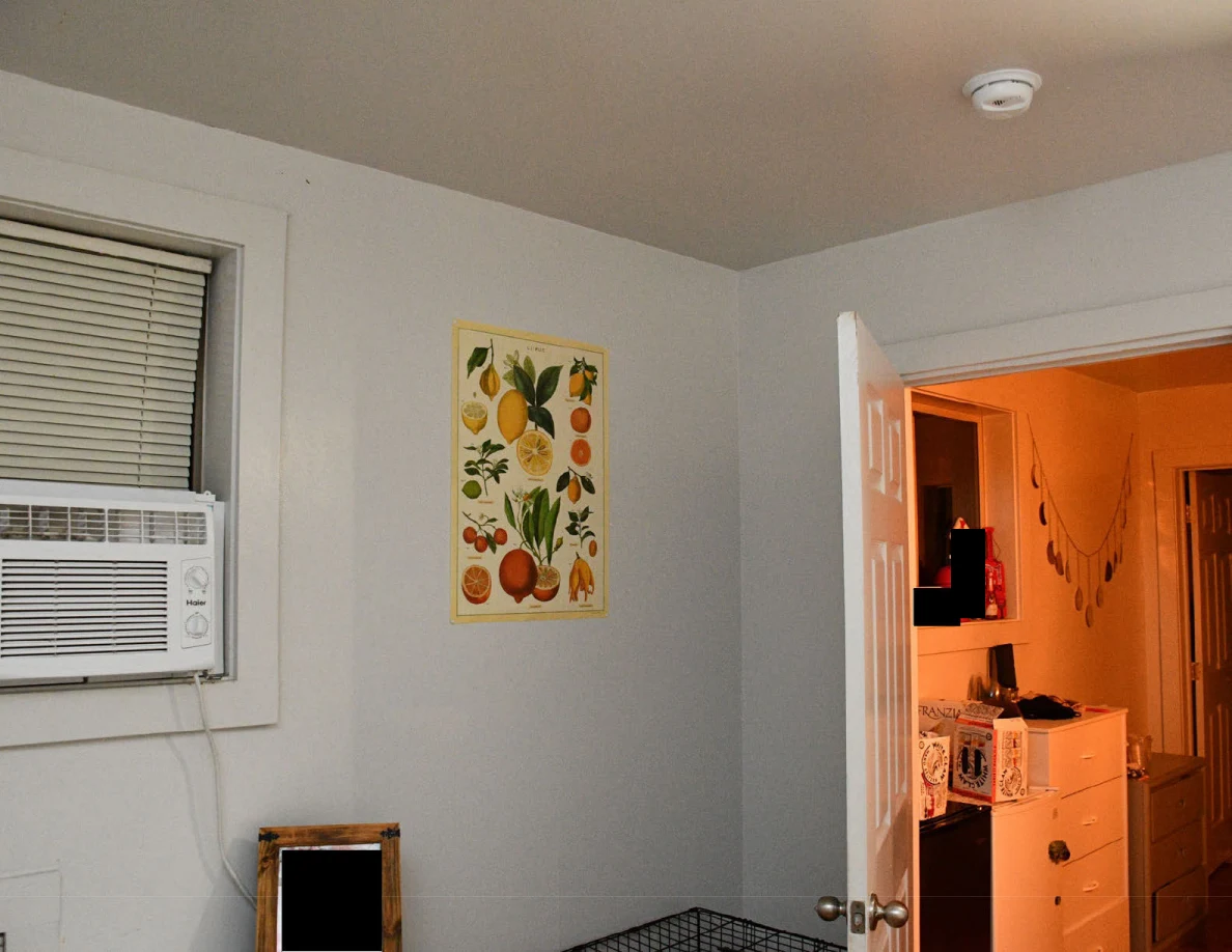 Window air conditioner and fruit wall print beside an open door into an orange-lit hallway.