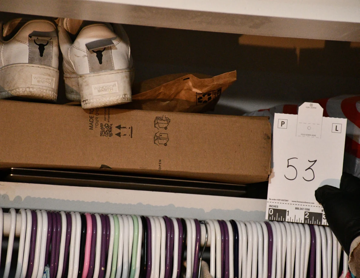Closet shelf holding shoes and cardboard packaging above hangers, with scale card 53.