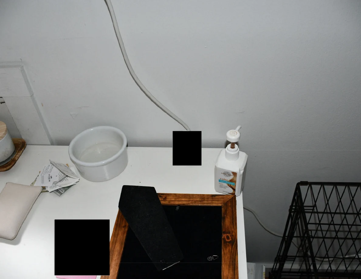 Dresser top with a white bowl, pump bottle, wristlet and framed item with redactions.