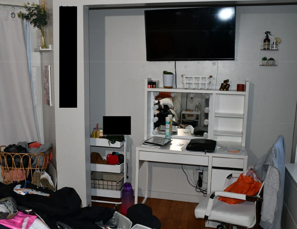 Vanity area with television, rolling cart, chair and bags and clothing in the foreground.