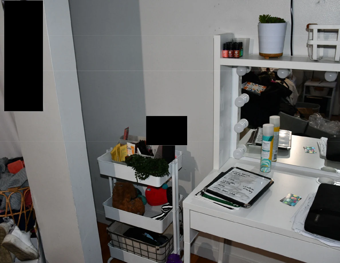Vanity mirror beside a supply cart holding brushes, packets, a plant and a partly redacted item.