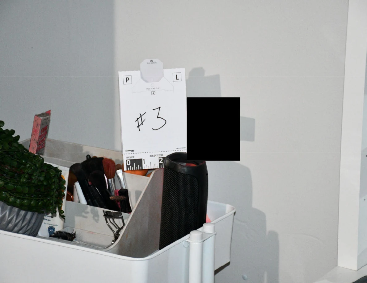 Scale card 3 beside a black rectangular device and brushes on a white cart, with a redacted area.