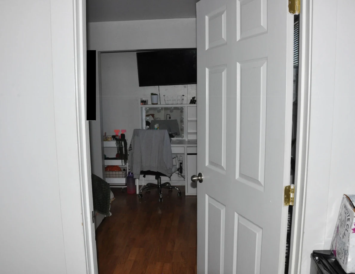 Open paneled bedroom door with a vanity, chair and television beyond.
