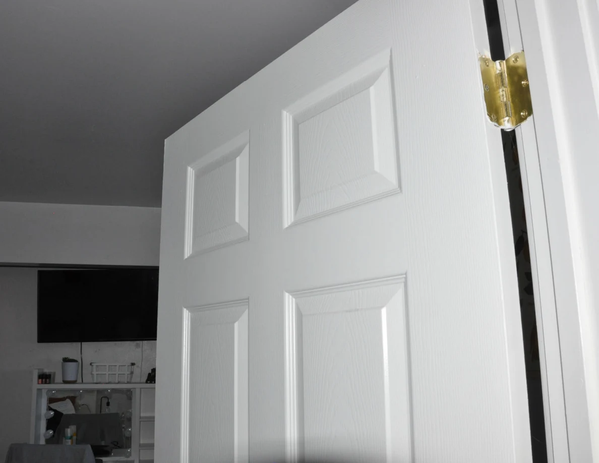 Upper door panels and brass-colored hinge with television in the background.