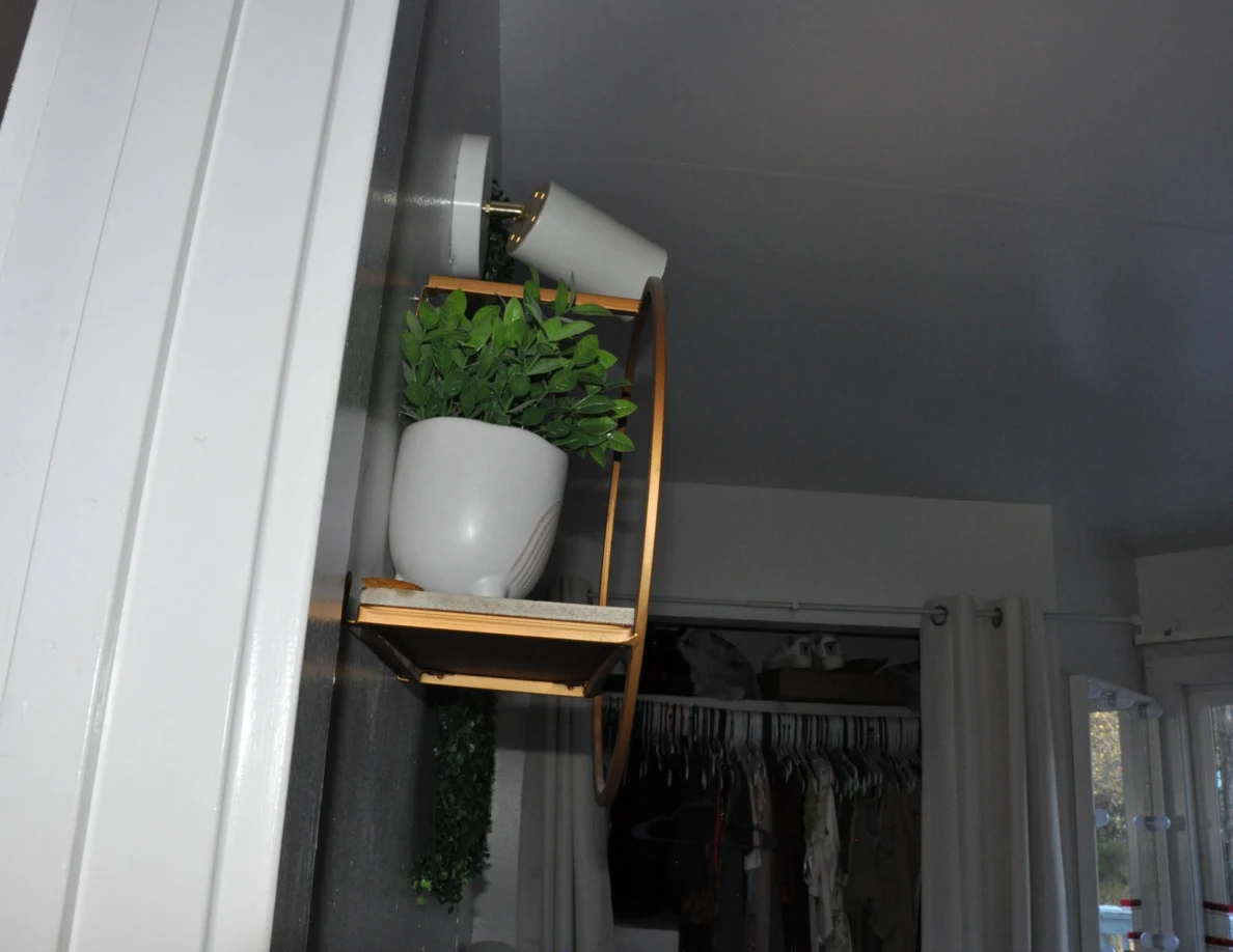 Wall shelf with potted plant above a bed and open closet.