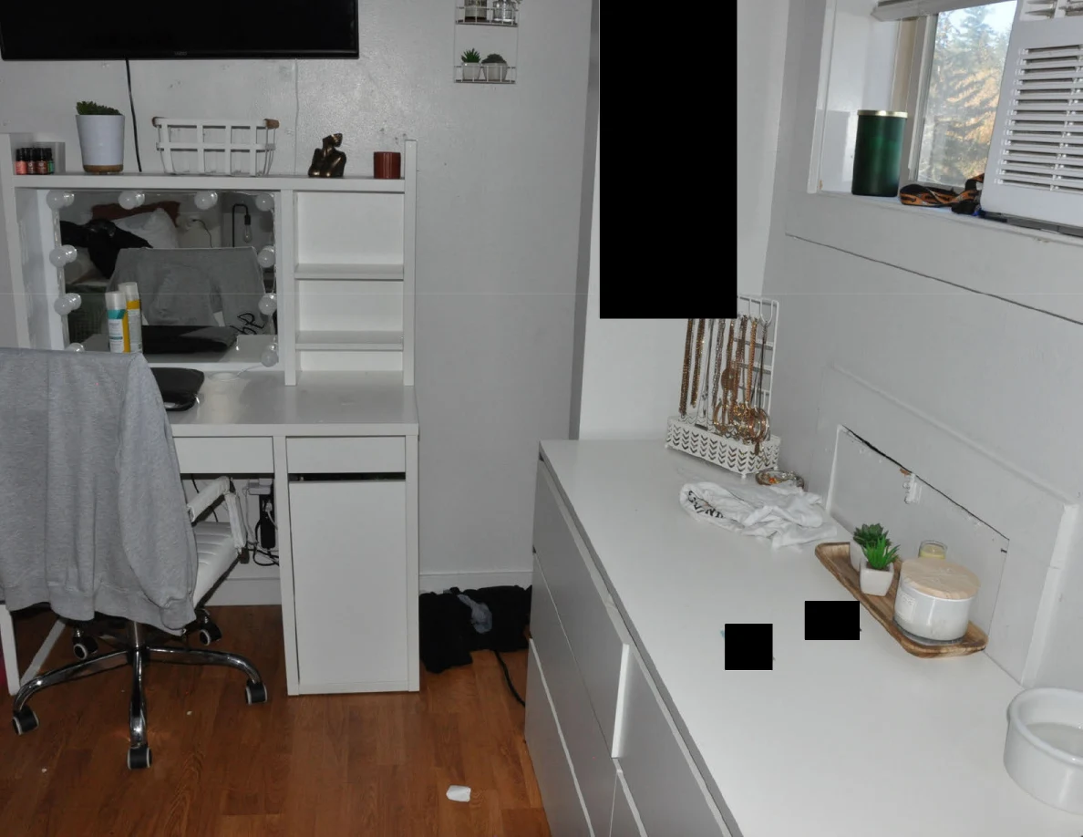 Vanity and white dresser with small plants, jewelry and redacted items.