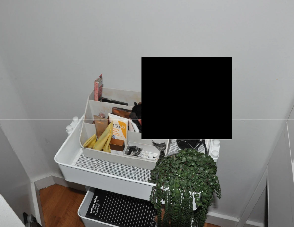 Upper cart tray with small packets, brushes and trailing plant; one item is redacted.