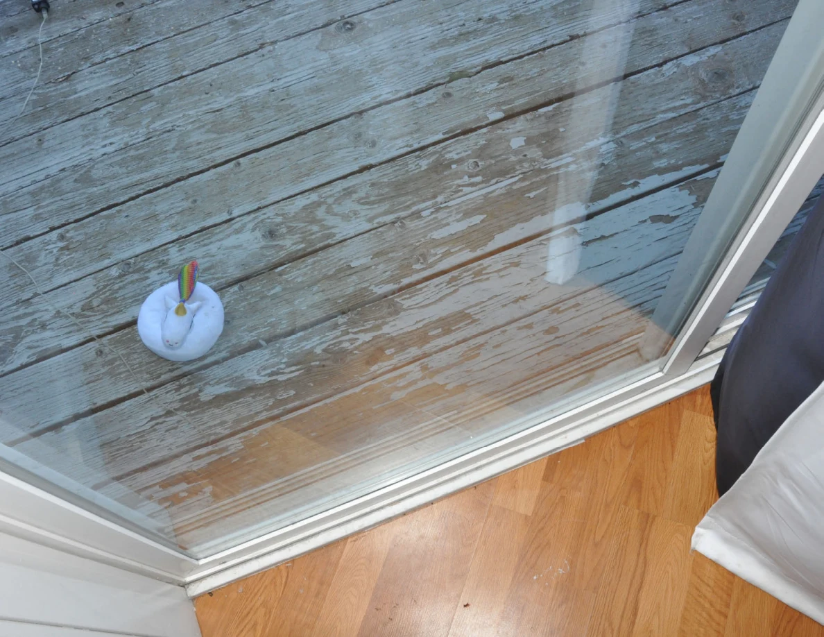 Glass balcony door above weathered deck boards with a small white round object outside.