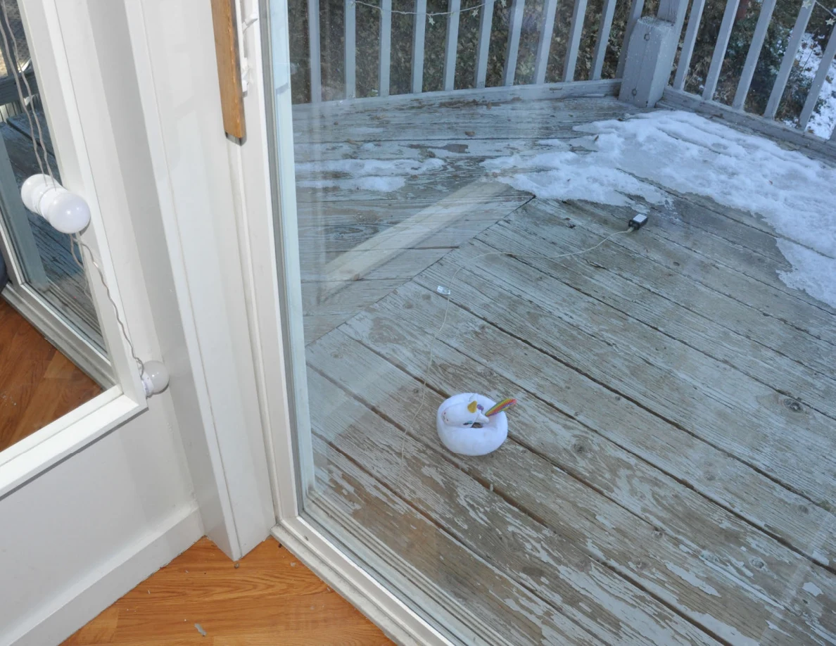 Glass door overlooking a weathered snowy balcony with a small white round object on the decking.