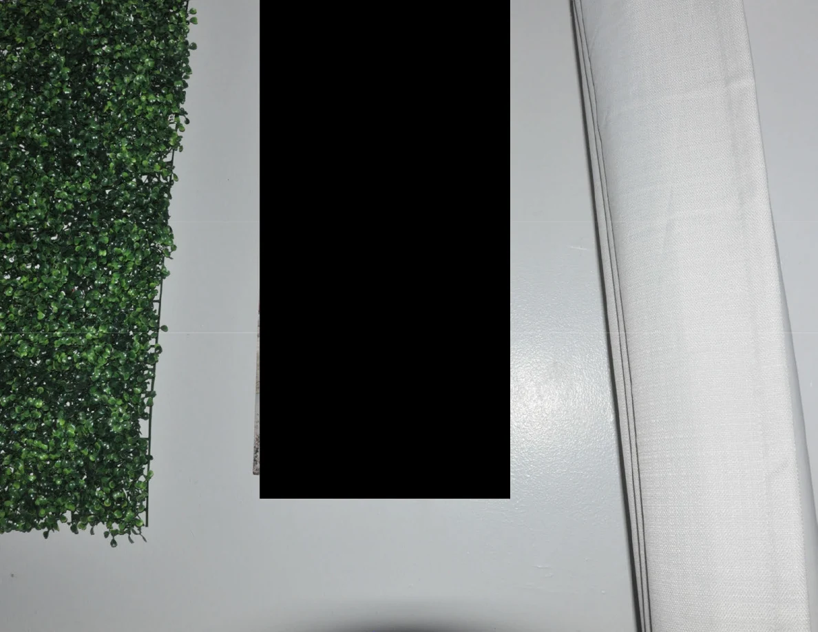 Redacted wall area between artificial greenery and a white curtain.