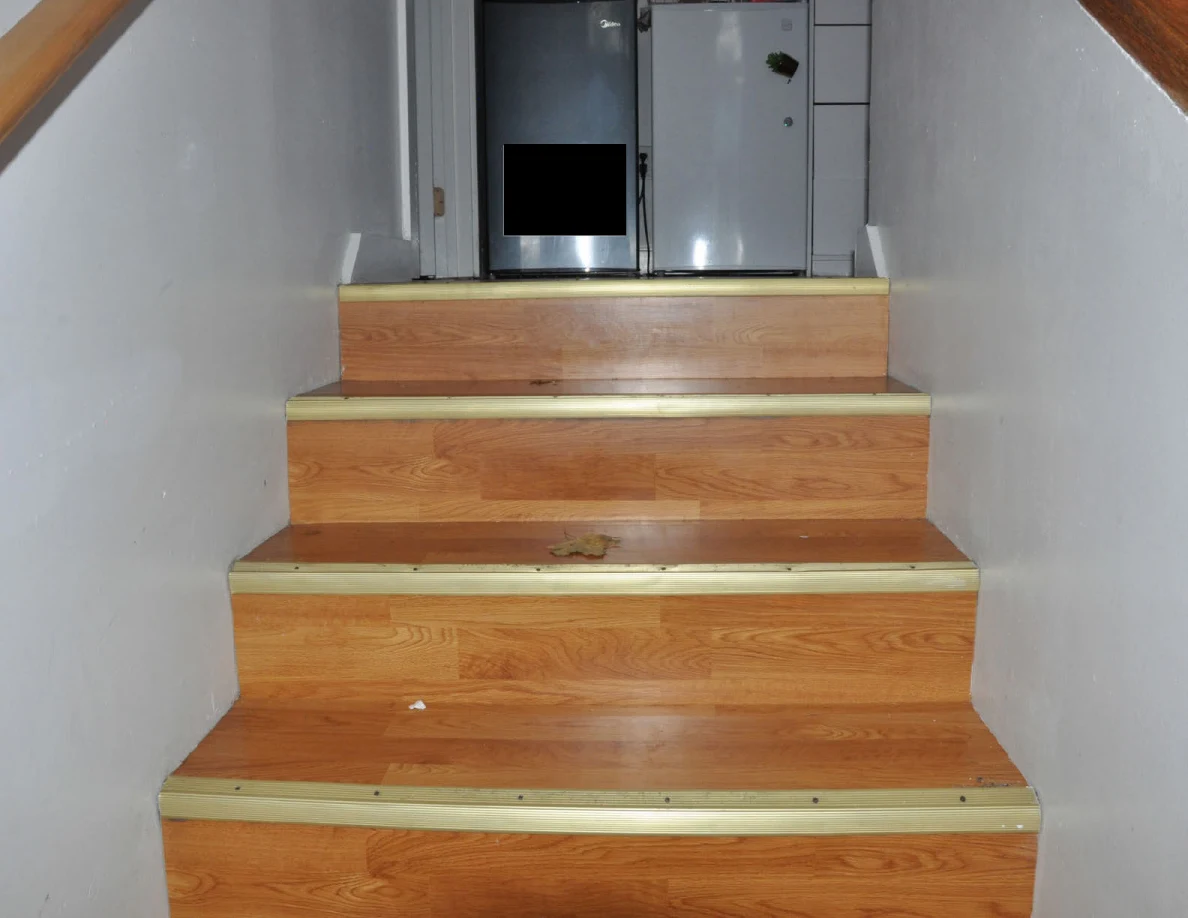 Wooden stairs leading up toward two compact refrigerators.