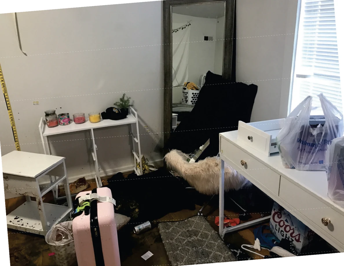 Bedroom corner with tall mirror, white desk, bags, pink suitcase and dark cushions.