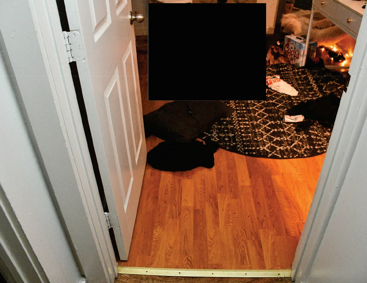 Bedroom threshold with wood-pattern flooring, dark round rug and a large redacted area.