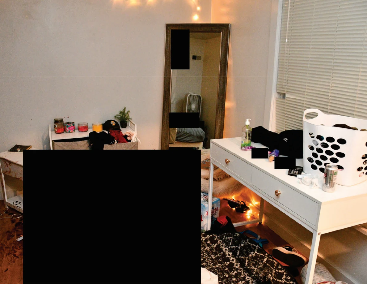 Tall mirror and white desk with laundry basket around a large redacted area.