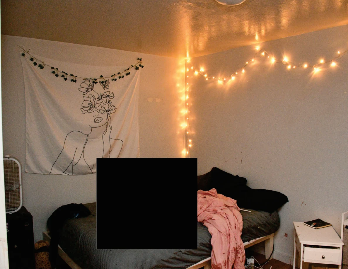 String lights and a figure wall hanging above a bed with gray sheet and pink blanket; part of the bed is redacted.