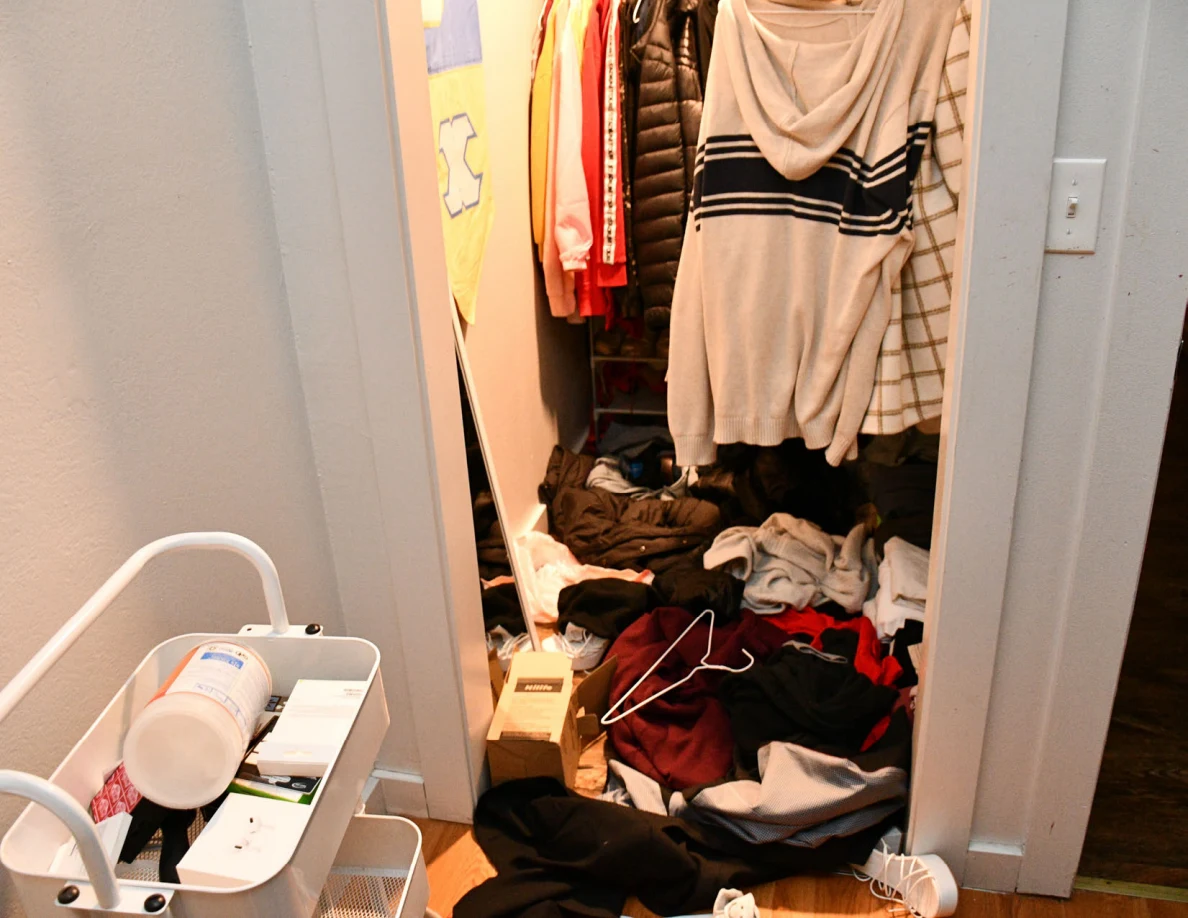Open closet with hanging garments and a large pile of clothes and hangers on the floor.