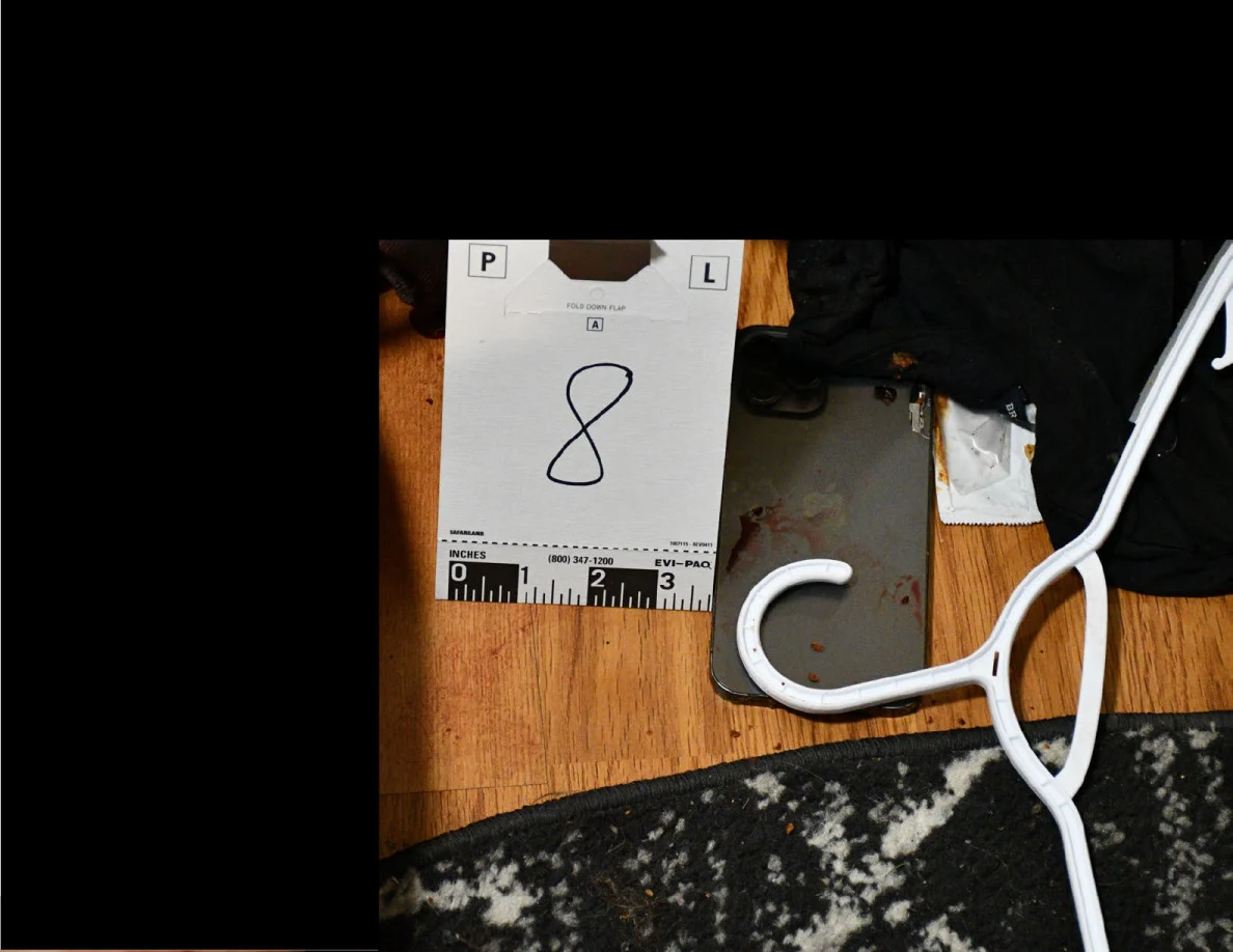Scale card 8 beside a phone and white clothes hanger on the floor, with surrounding areas redacted.